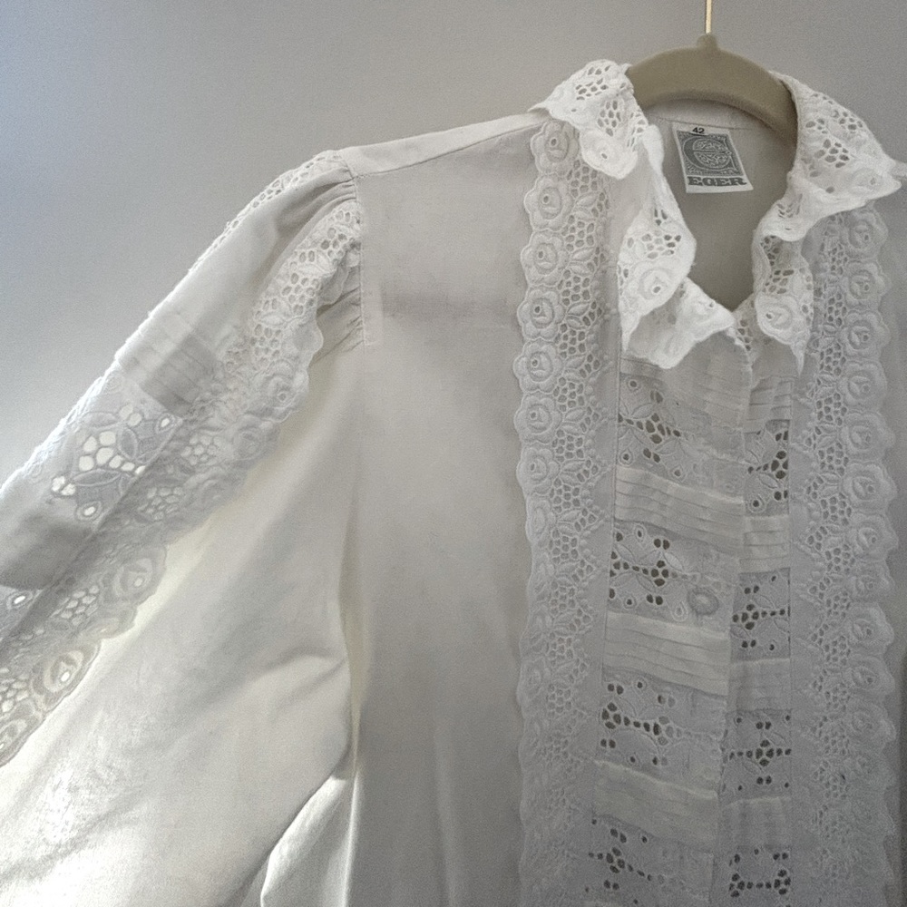 Vintage EGER white button down shirt with lace and ruffles size L